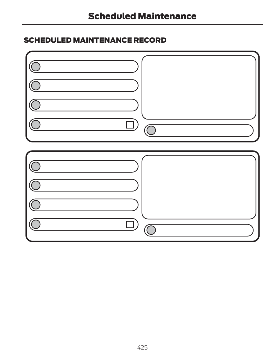 Dealer stamp, Scheduled maintenance, Scheduled maintenance record | FORD 2013 C-MAX Hybrid v.1 User Manual | Page 428 / 446