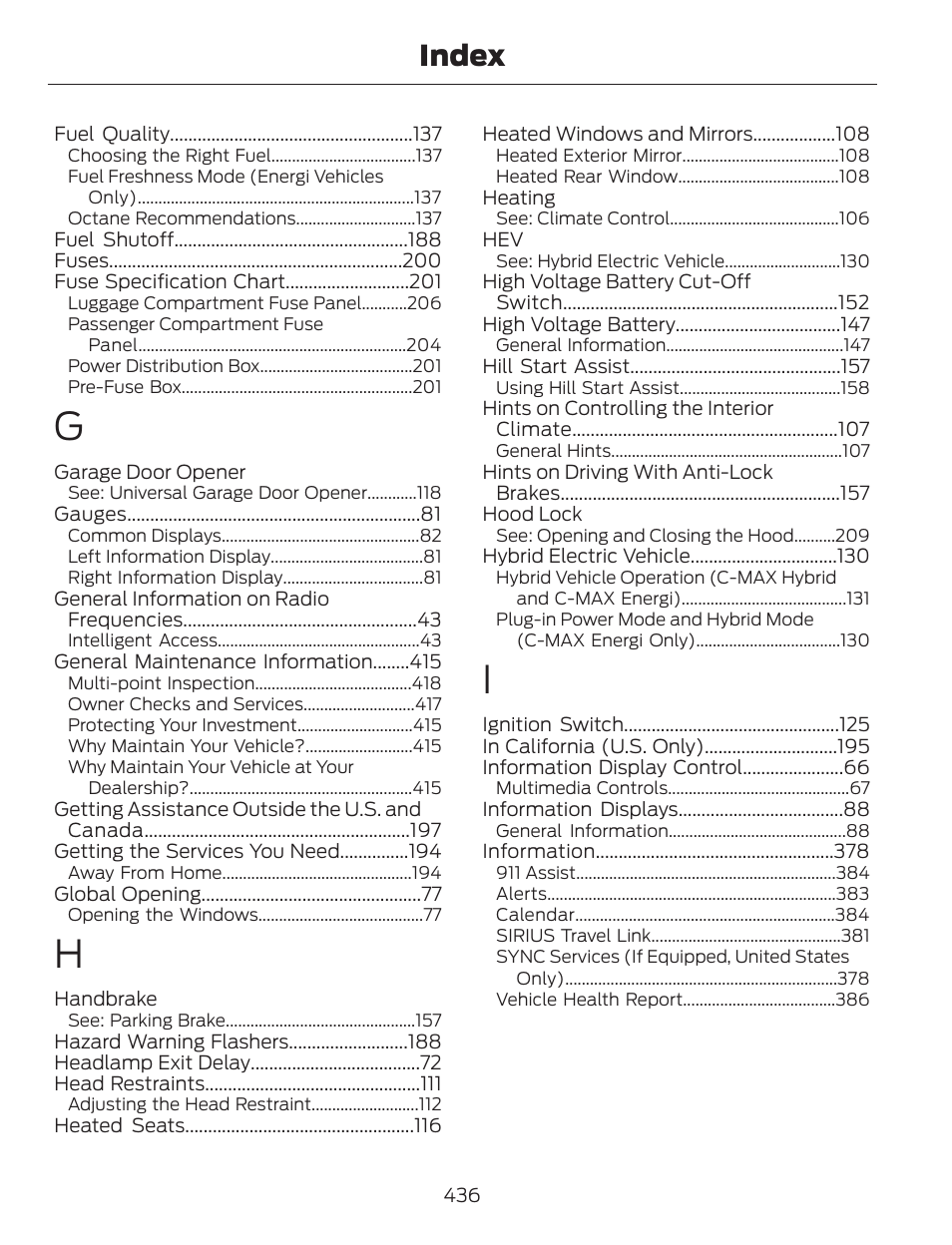 Index | FORD 2013 C-MAX Hybrid v.1 User Manual | Page 439 / 446