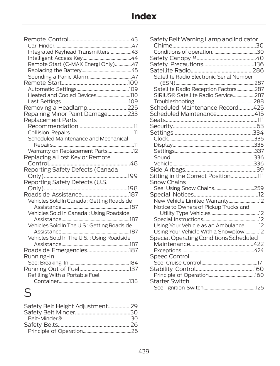 Index | FORD 2013 C-MAX Hybrid v.1 User Manual | Page 442 / 446