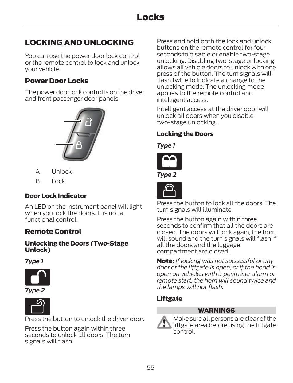 Locks, Locking and unlocking | FORD 2013 C-MAX Hybrid v.1 User Manual | Page 58 / 446