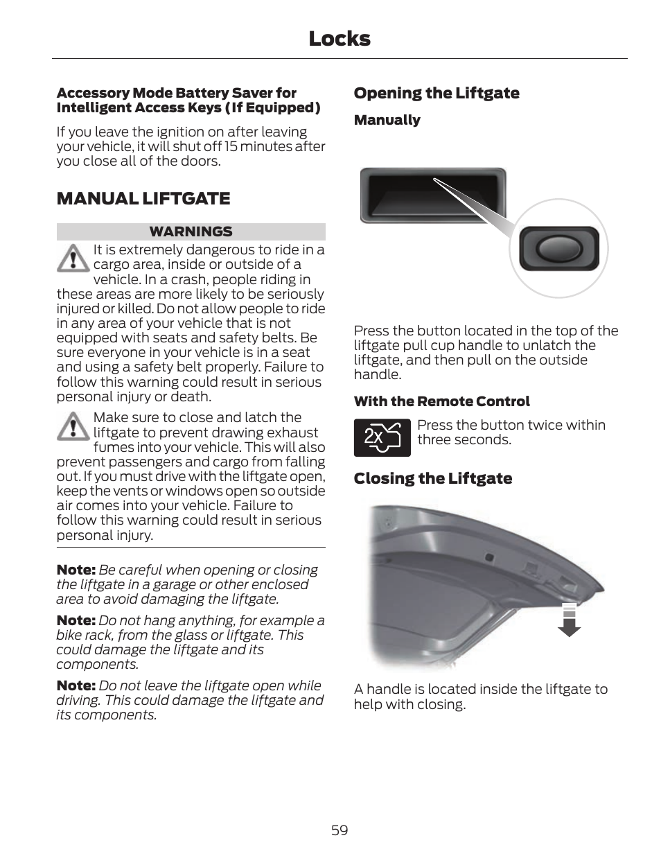 Locks, Manual liftgate | FORD 2013 C-MAX Hybrid v.1 User Manual | Page 62 / 446