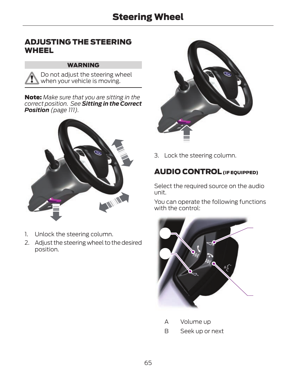 Steering wheel, Adjusting the steering wheel, Audio control | Cd a b | FORD 2013 C-MAX Hybrid v.1 User Manual | Page 68 / 446