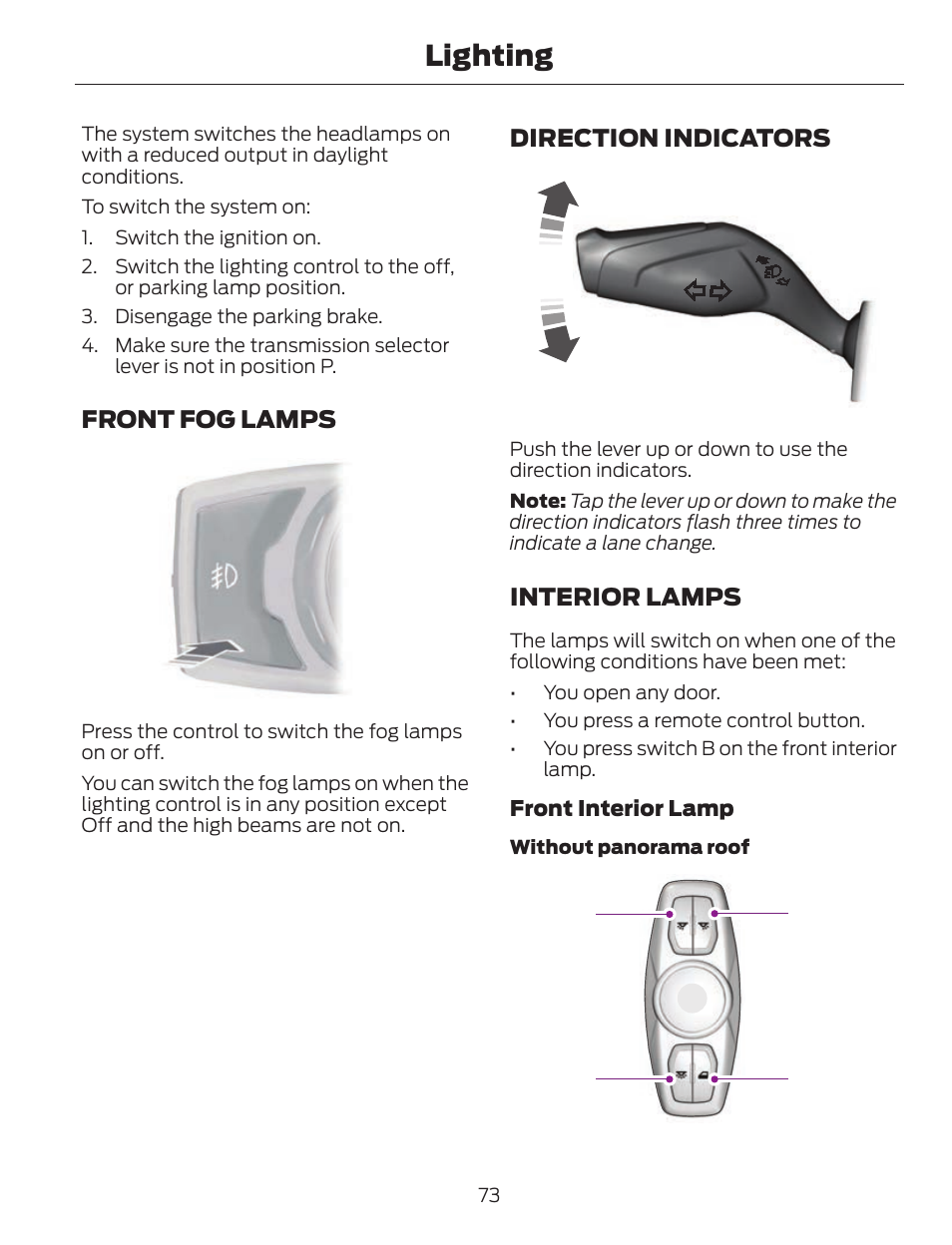 Lighting, Front fog lamps, Direction indicators | Interior lamps, Dc a b | FORD 2013 C-MAX Hybrid v.1 User Manual | Page 76 / 446