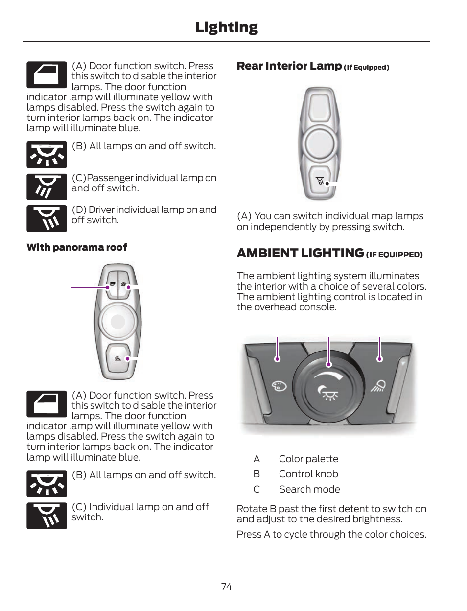 Lighting, Ba c, Ambient lighting | Ab c | FORD 2013 C-MAX Hybrid v.1 User Manual | Page 77 / 446