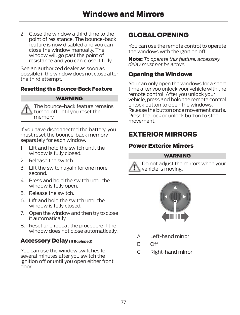 Windows and mirrors, Global opening, Exterior mirrors | Ac b | FORD 2013 C-MAX Hybrid v.1 User Manual | Page 80 / 446