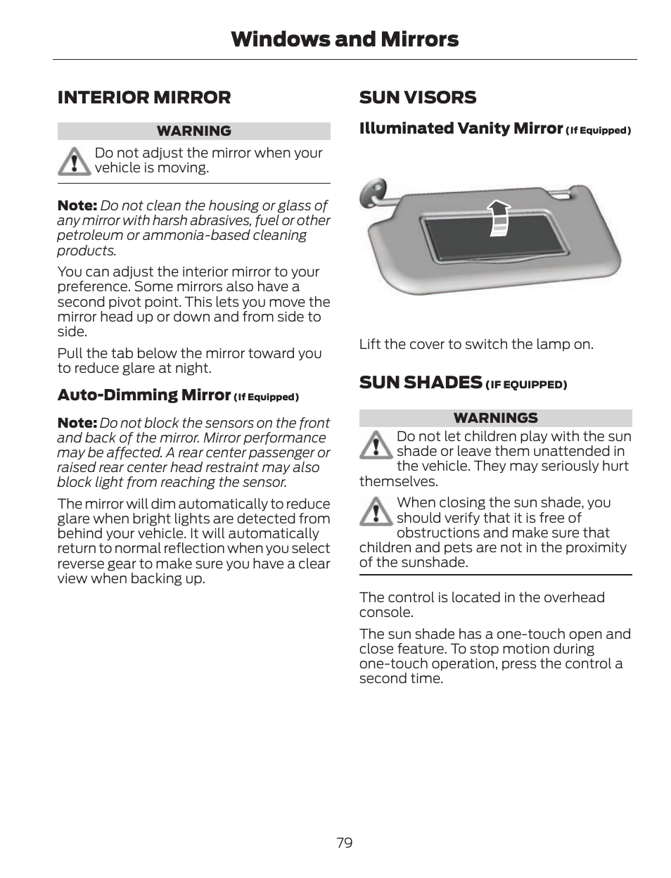 Windows and mirrors, Interior mirror, Sun visors | Sun shades | FORD 2013 C-MAX Hybrid v.1 User Manual | Page 82 / 446