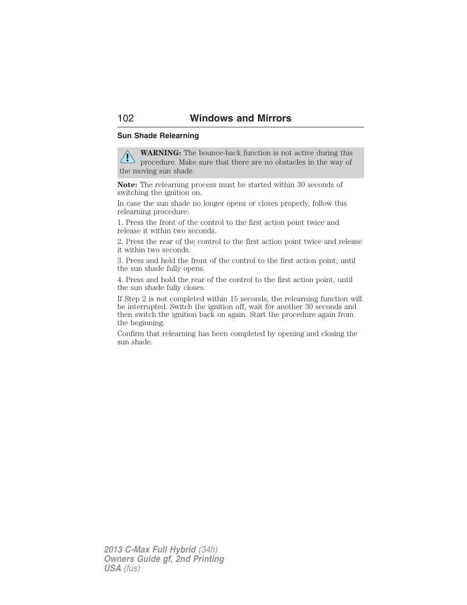 Sun shade relearning, 102 windows and mirrors | FORD 2013 C-MAX Hybrid v.2 User Manual | Page 103 / 524