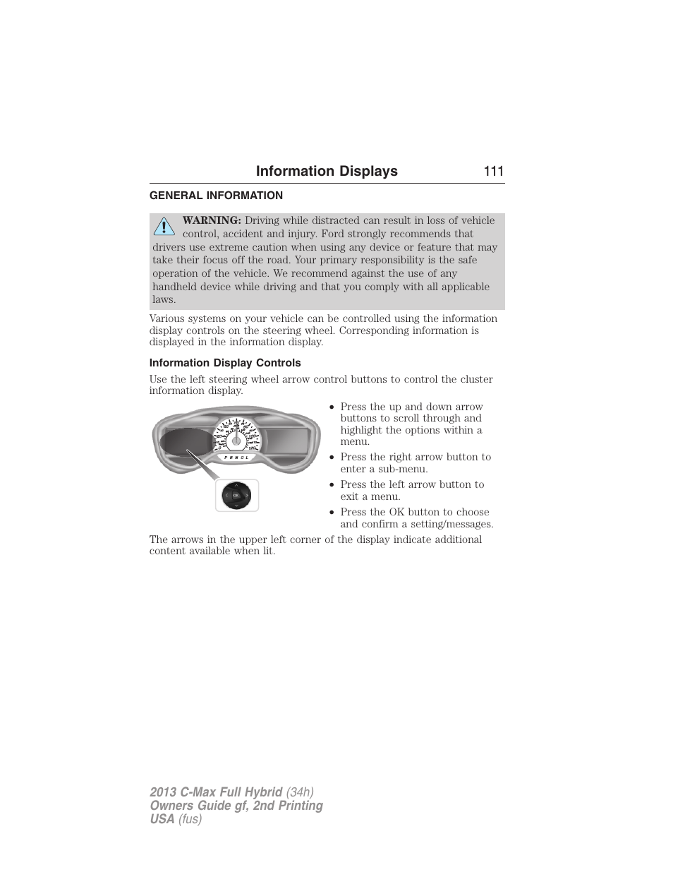 Information displays, General information, Information display controls | Message center, Information displays 111 | FORD 2013 C-MAX Hybrid v.2 User Manual | Page 112 / 524