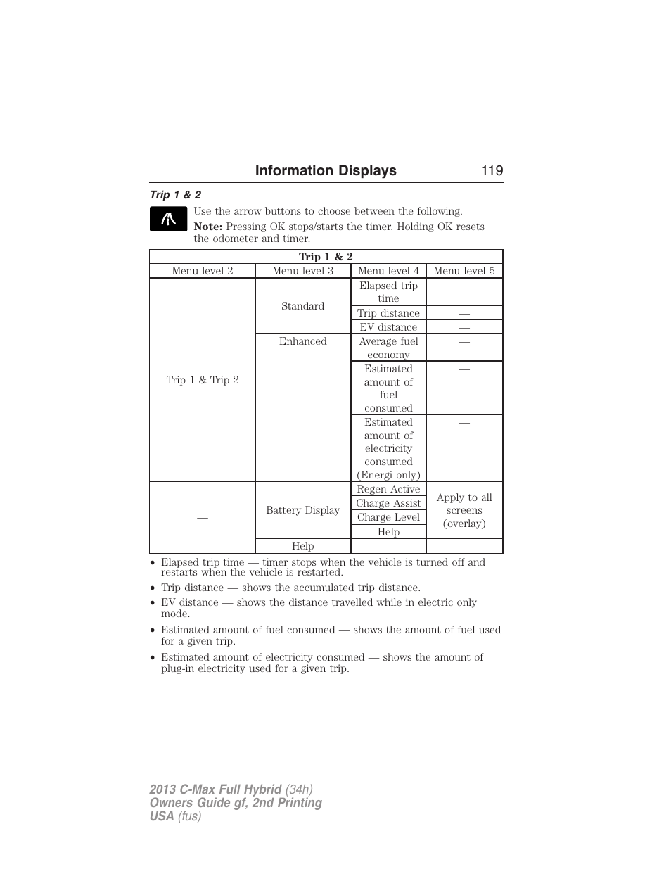 Trip 1 & 2, Information displays 119 | FORD 2013 C-MAX Hybrid v.2 User Manual | Page 120 / 524