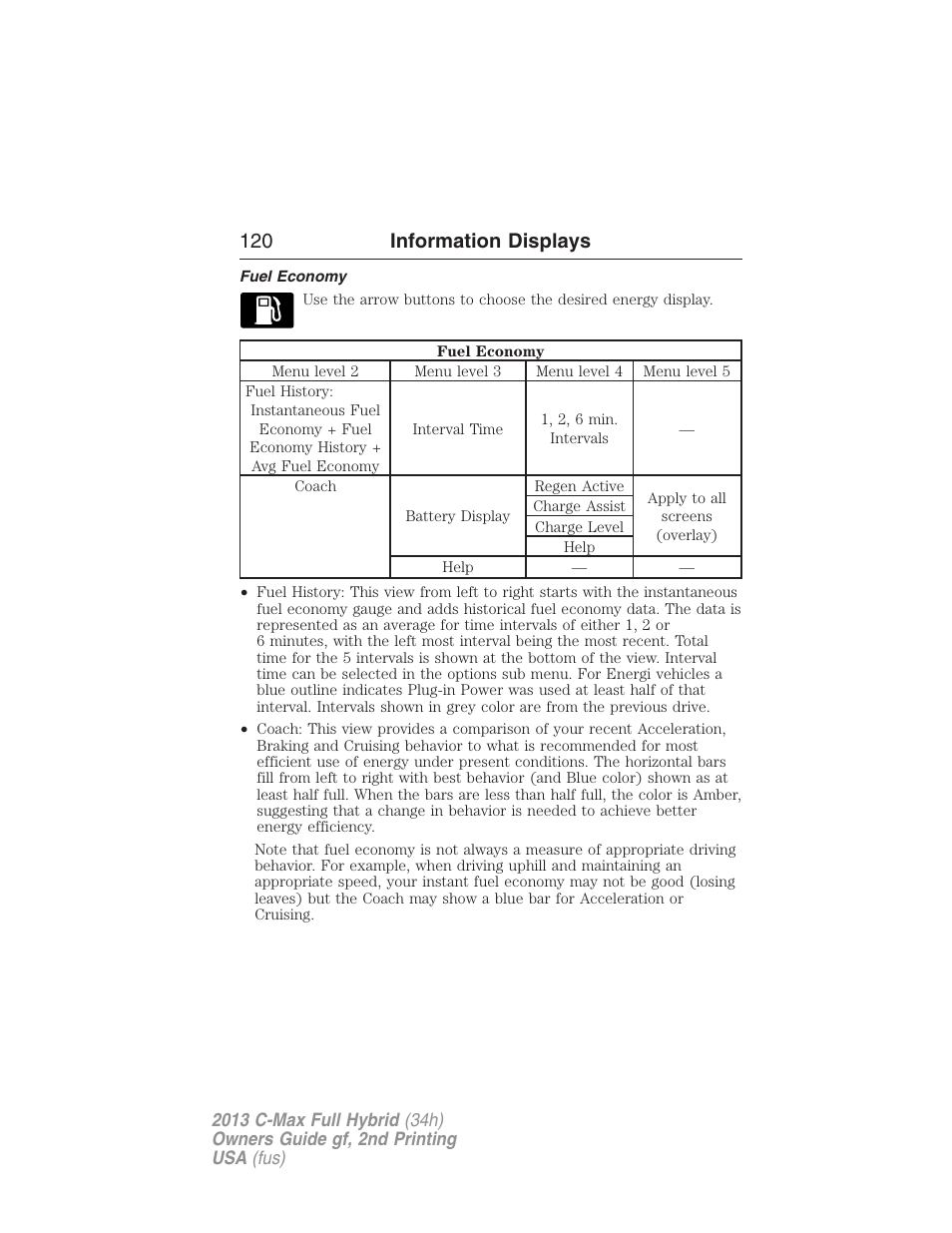 Fuel economy, 120 information displays | FORD 2013 C-MAX Hybrid v.2 User Manual | Page 121 / 524