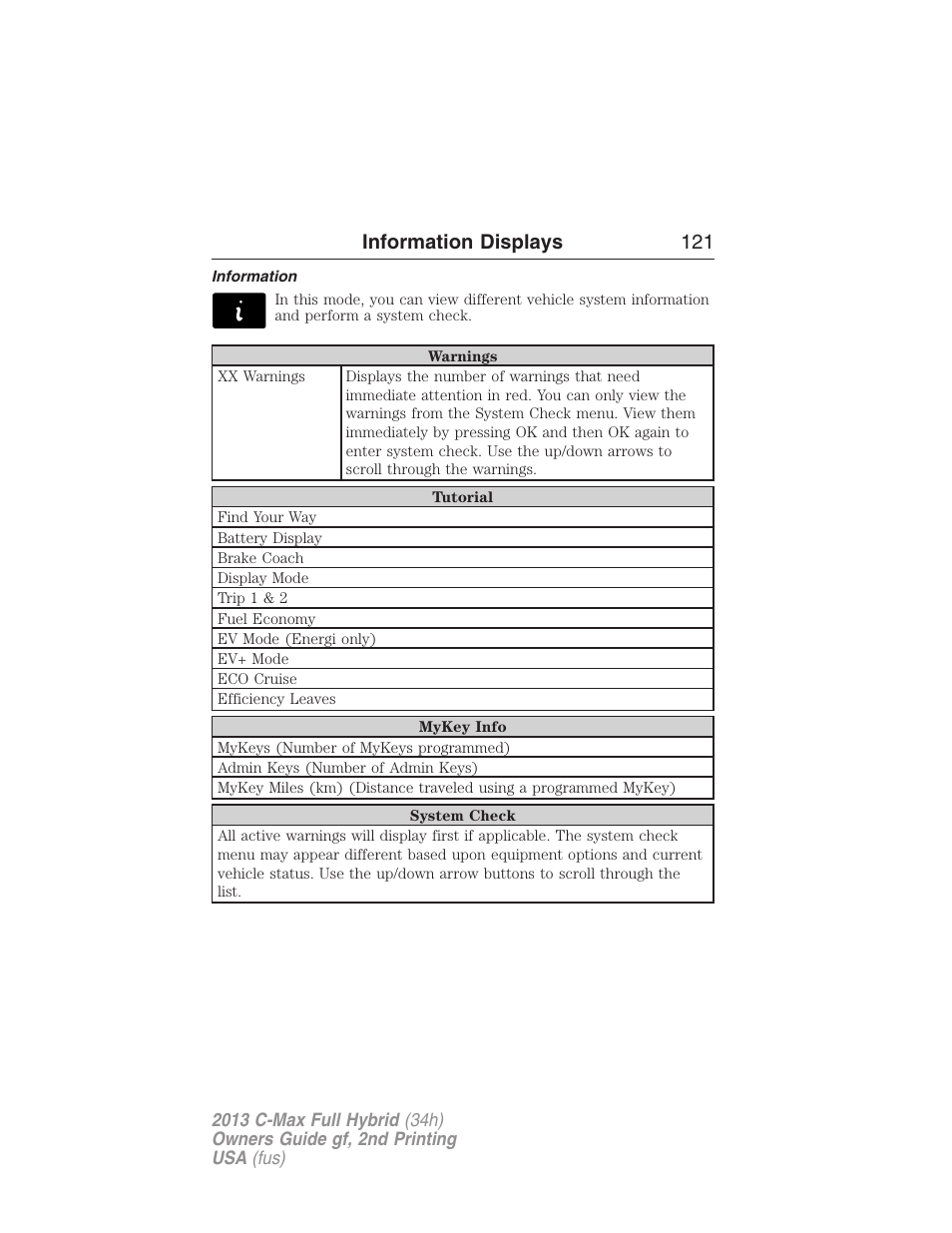 Information, Information displays 121 | FORD 2013 C-MAX Hybrid v.2 User Manual | Page 122 / 524
