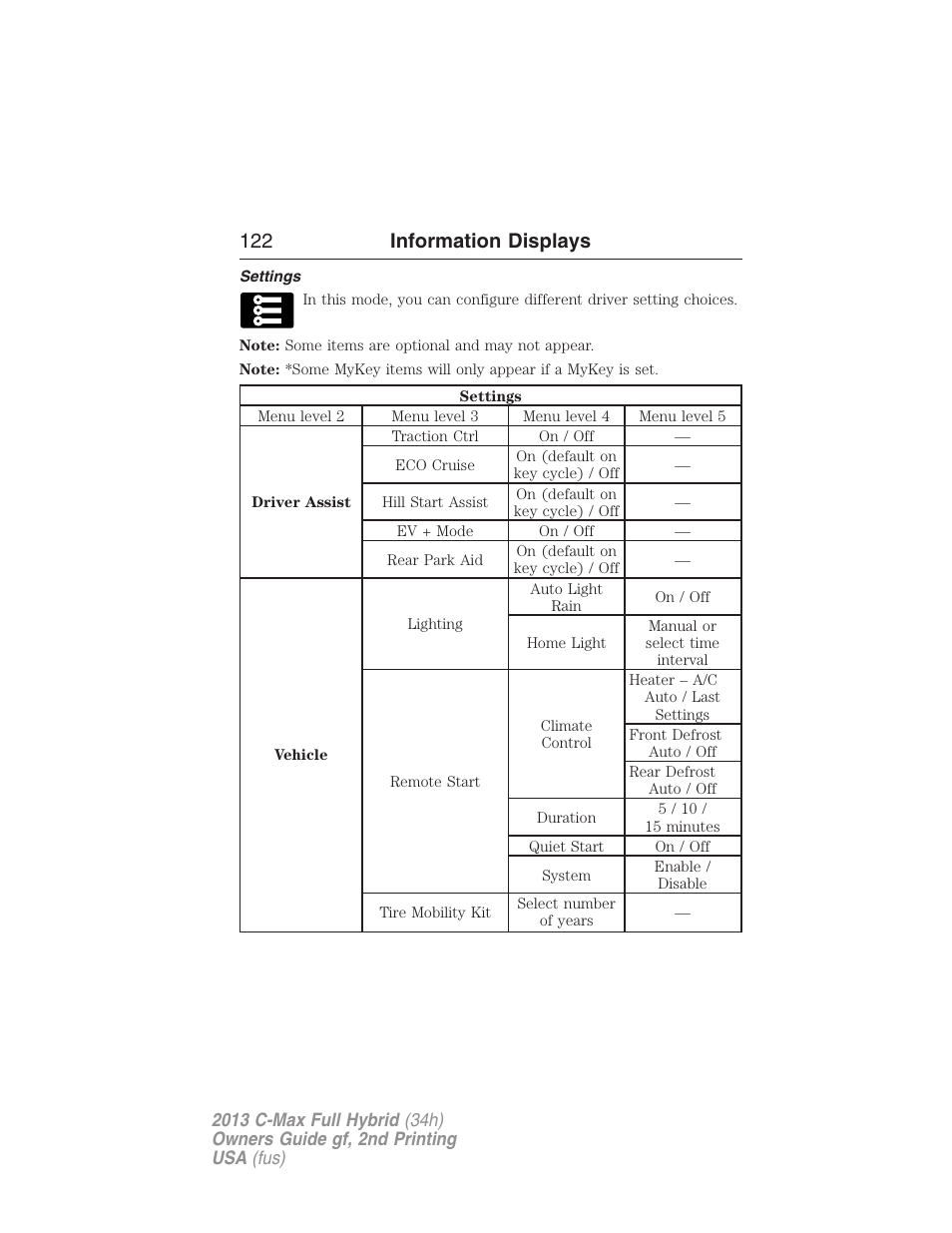 Settings, 122 information displays | FORD 2013 C-MAX Hybrid v.2 User Manual | Page 123 / 524
