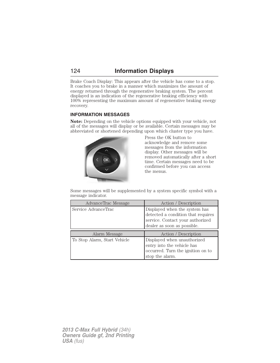Information messages, 124 information displays | FORD 2013 C-MAX Hybrid v.2 User Manual | Page 125 / 524