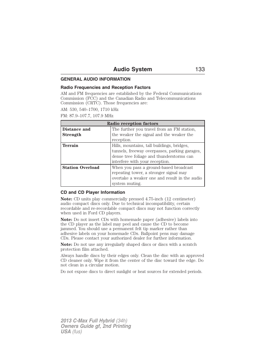 Audio system, General audio information, Radio frequencies and reception factors | Cd and cd player information, Audio system 133 | FORD 2013 C-MAX Hybrid v.2 User Manual | Page 134 / 524