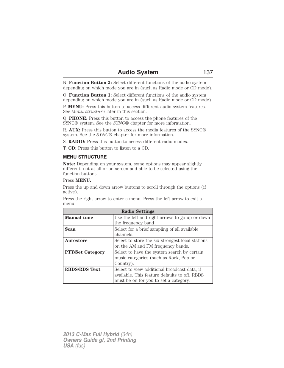 Menu structure, Audio system 137 | FORD 2013 C-MAX Hybrid v.2 User Manual | Page 138 / 524