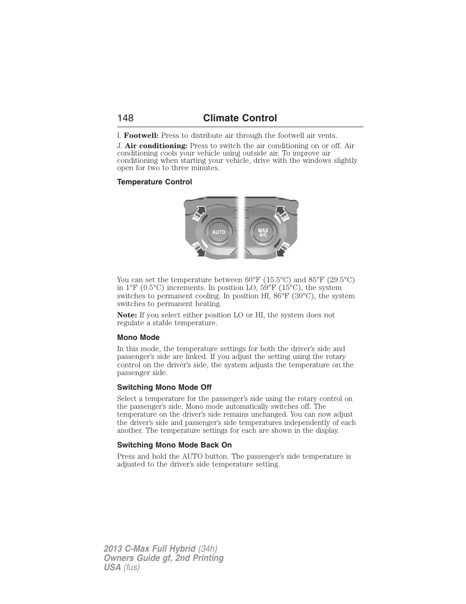 Temperature control, Mono mode, Switching mono mode off | Switching mono mode back on, 148 climate control | FORD 2013 C-MAX Hybrid v.2 User Manual | Page 149 / 524