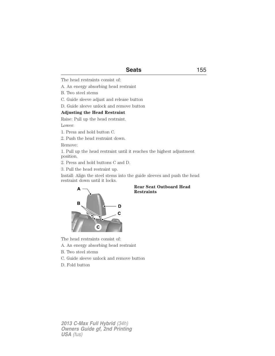 Tilting head restraints (if equipped), Seats 155 | FORD 2013 C-MAX Hybrid v.2 User Manual | Page 156 / 524