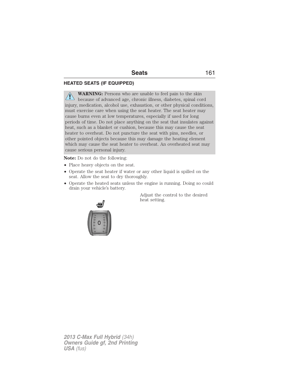 Heated seats (if equipped), Heated seats, Seats 161 | FORD 2013 C-MAX Hybrid v.2 User Manual | Page 162 / 524