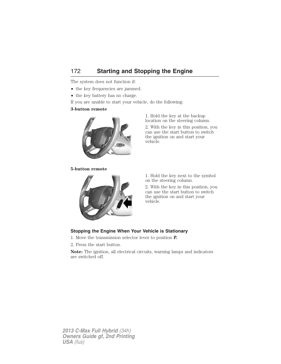 172 starting and stopping the engine | FORD 2013 C-MAX Hybrid v.2 User Manual | Page 173 / 524