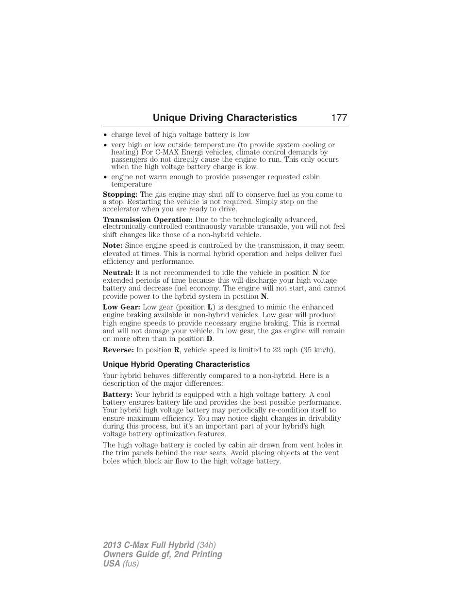Unique hybrid operating characteristics, Unique driving characteristics 177 | FORD 2013 C-MAX Hybrid v.2 User Manual | Page 178 / 524