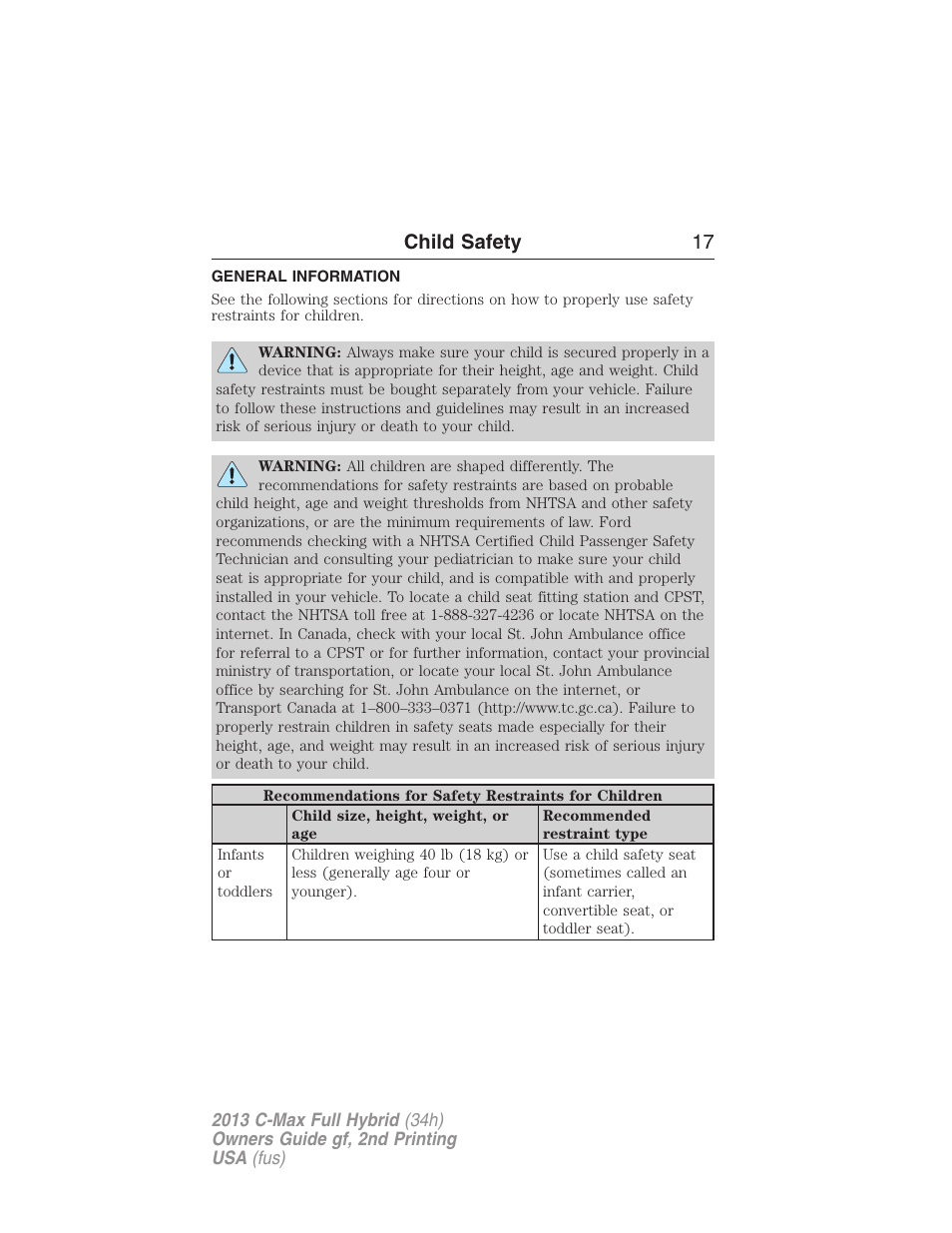 Child safety, General information, Child safety 17 | FORD 2013 C-MAX Hybrid v.2 User Manual | Page 18 / 524