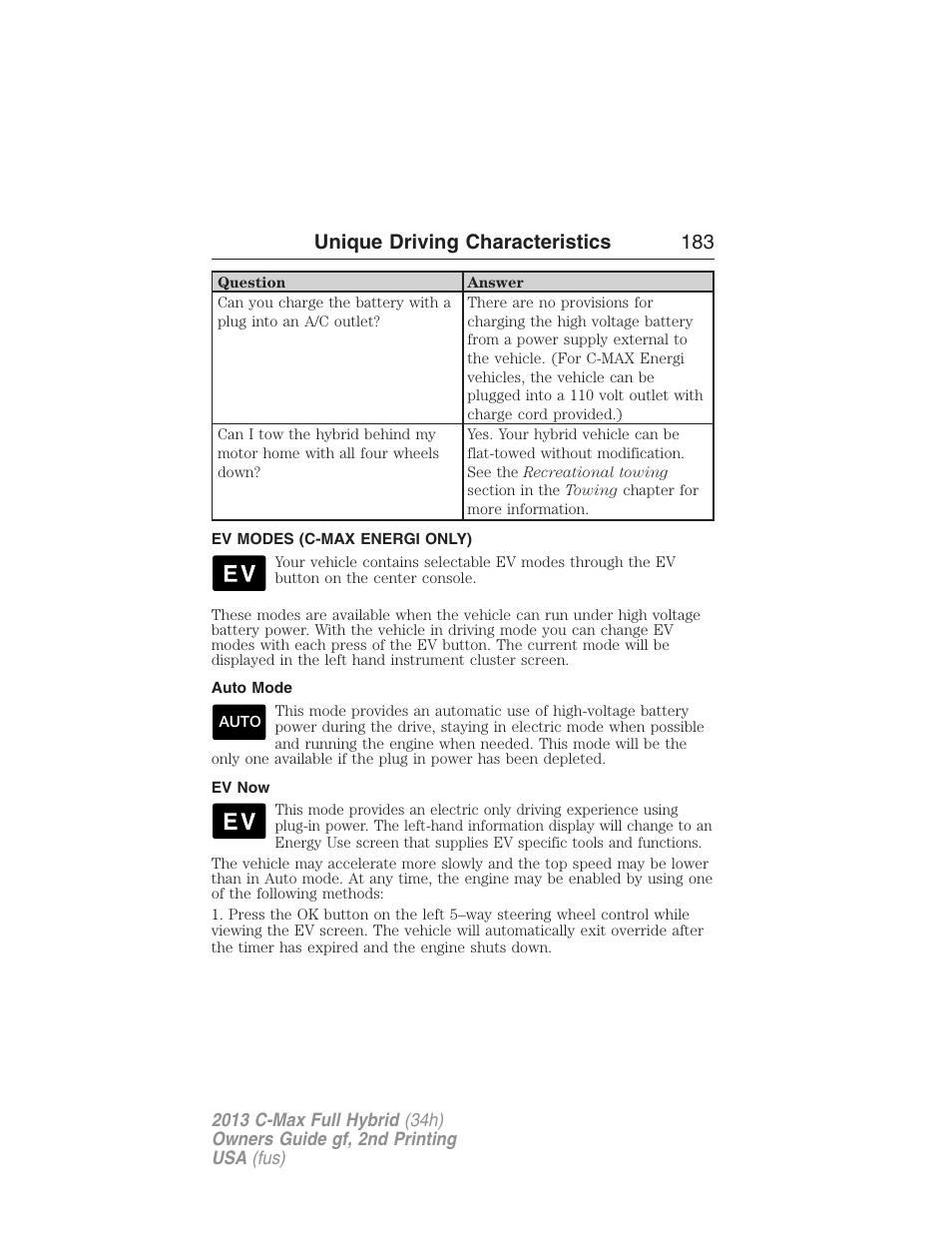 Ev modes (c-max energi only), Auto mode, Ev now | Hybrid electric vehicles, Unique driving characteristics 183 | FORD 2013 C-MAX Hybrid v.2 User Manual | Page 184 / 524