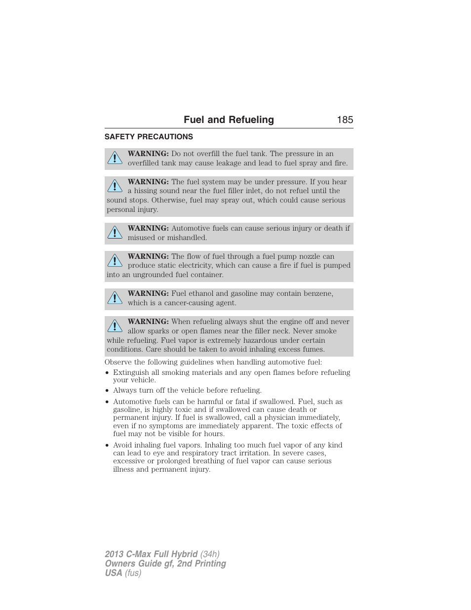 Fuel and refueling, Safety precautions, Fuel and refueling 185 | FORD 2013 C-MAX Hybrid v.2 User Manual | Page 186 / 524