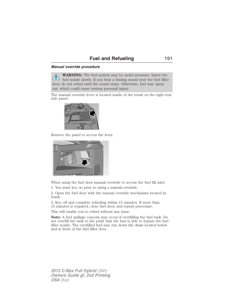 Manual override procedure, Fuel and refueling 191 | FORD 2013 C-MAX Hybrid v.2 User Manual | Page 192 / 524