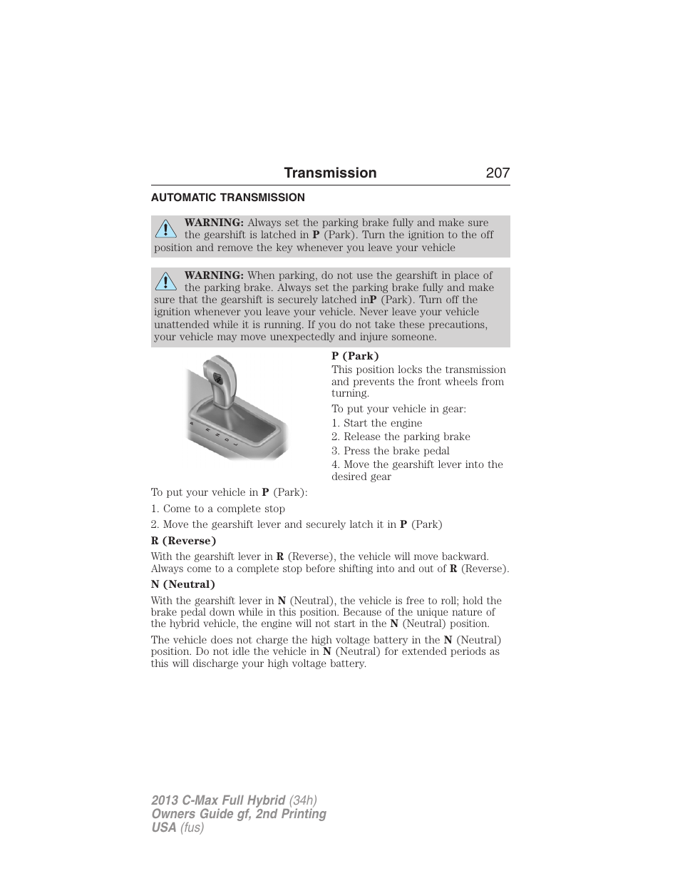 Transmission, Automatic transmission, Transmission 207 | FORD 2013 C-MAX Hybrid v.2 User Manual | Page 208 / 524