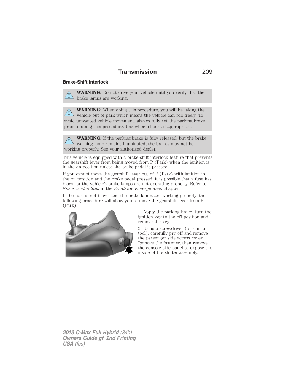 Brake-shift interlock, Transmission 209 | FORD 2013 C-MAX Hybrid v.2 User Manual | Page 210 / 524
