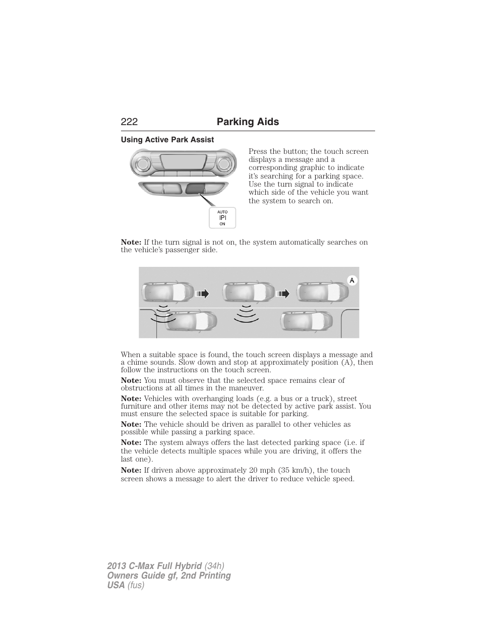 Using active park assist, 222 parking aids | FORD 2013 C-MAX Hybrid v.2 User Manual | Page 223 / 524