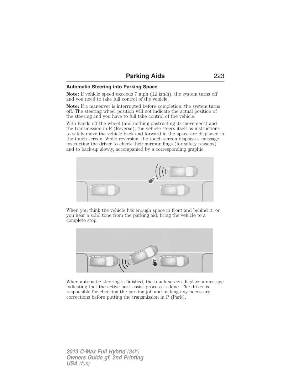 Automatic steering into parking space, Parking aids 223 | FORD 2013 C-MAX Hybrid v.2 User Manual | Page 224 / 524