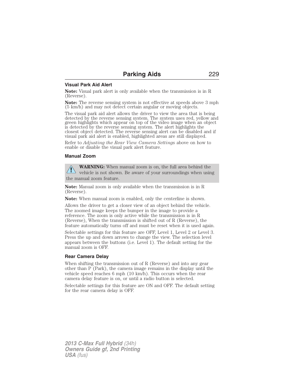 Visual park aid alert, Manual zoom, Rear camera delay | Parking aids 229 | FORD 2013 C-MAX Hybrid v.2 User Manual | Page 230 / 524
