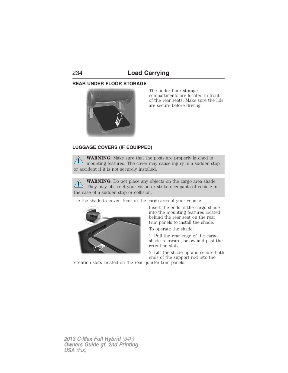 Load carrying, Rear under floor storage, Luggage covers (if equipped) | Luggage cover, 234 load carrying | FORD 2013 C-MAX Hybrid v.2 User Manual | Page 235 / 524