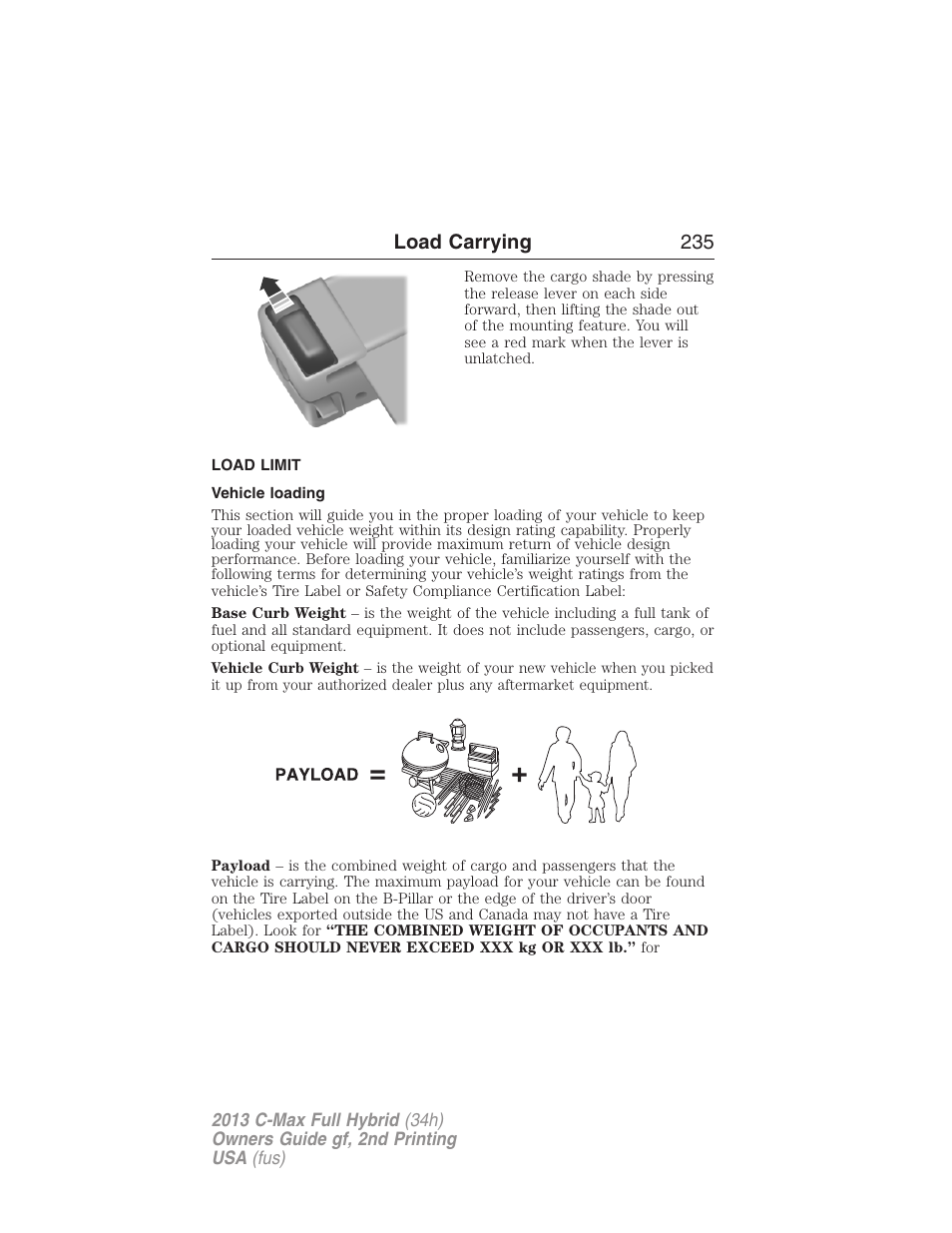 Load limit, Vehicle loading, Load carrying 235 | FORD 2013 C-MAX Hybrid v.2 User Manual | Page 236 / 524