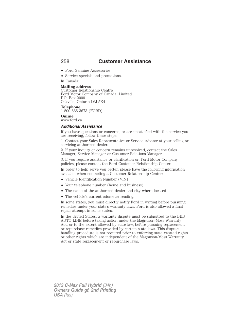Additional assistance, 258 customer assistance | FORD 2013 C-MAX Hybrid v.2 User Manual | Page 259 / 524