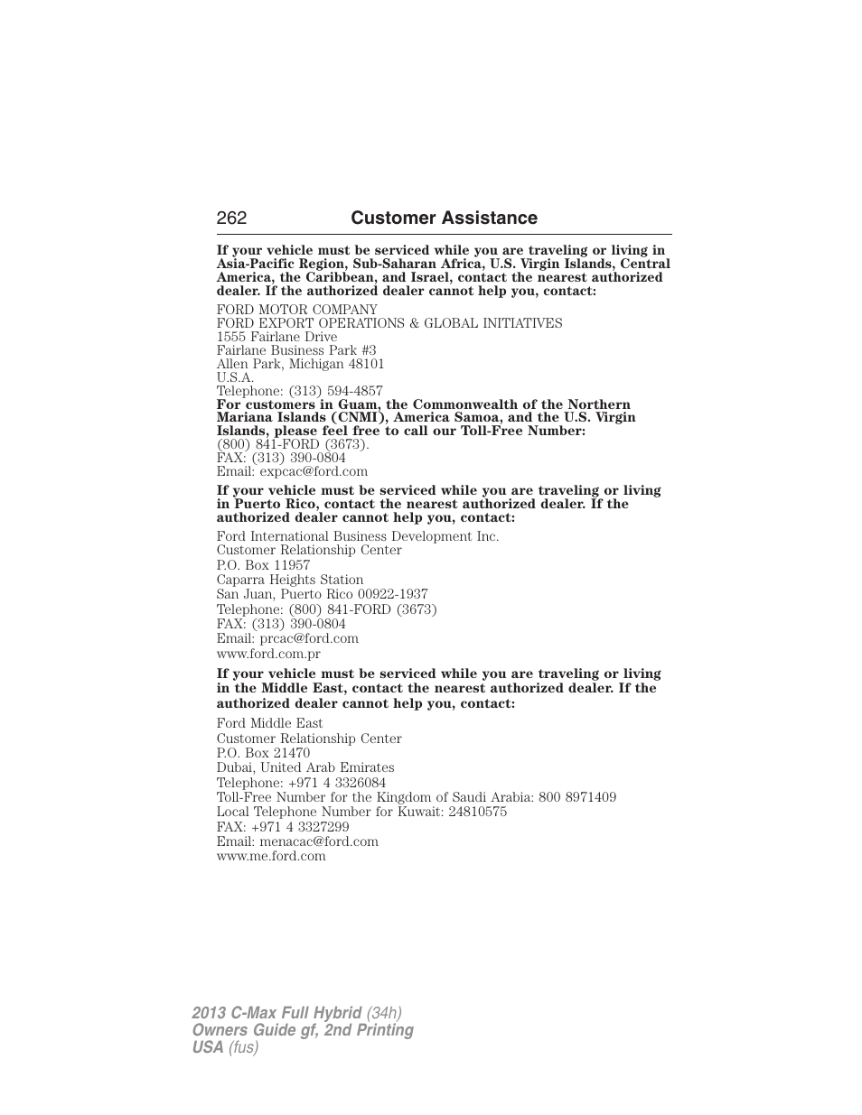262 customer assistance | FORD 2013 C-MAX Hybrid v.2 User Manual | Page 263 / 524