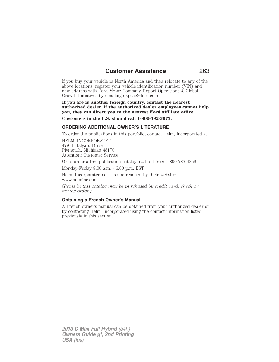 Ordering additional owner’s literature, Obtaining a french owner’s manual, Customer assistance 263 | FORD 2013 C-MAX Hybrid v.2 User Manual | Page 264 / 524