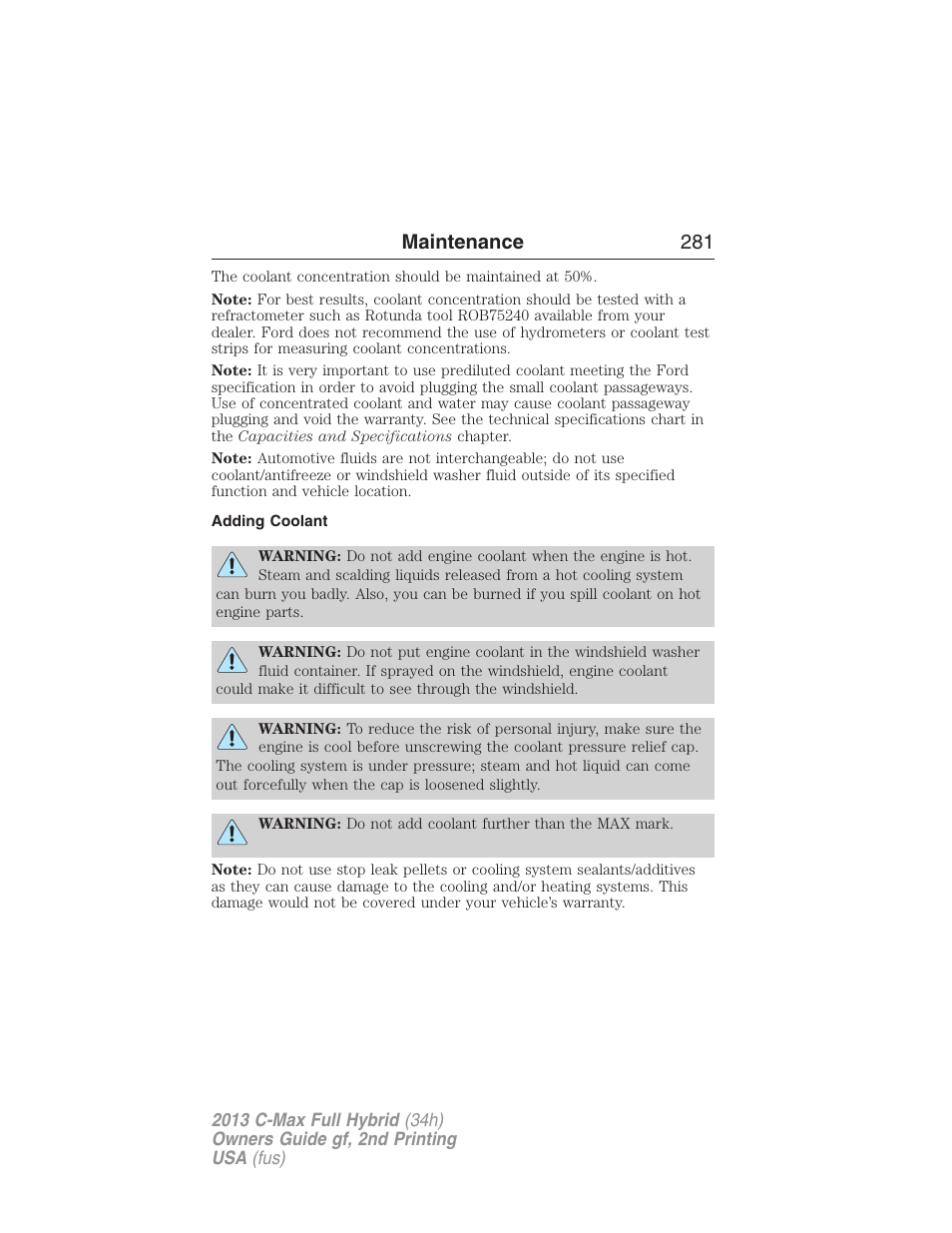 Adding coolant, Maintenance 281 | FORD 2013 C-MAX Hybrid v.2 User Manual | Page 282 / 524