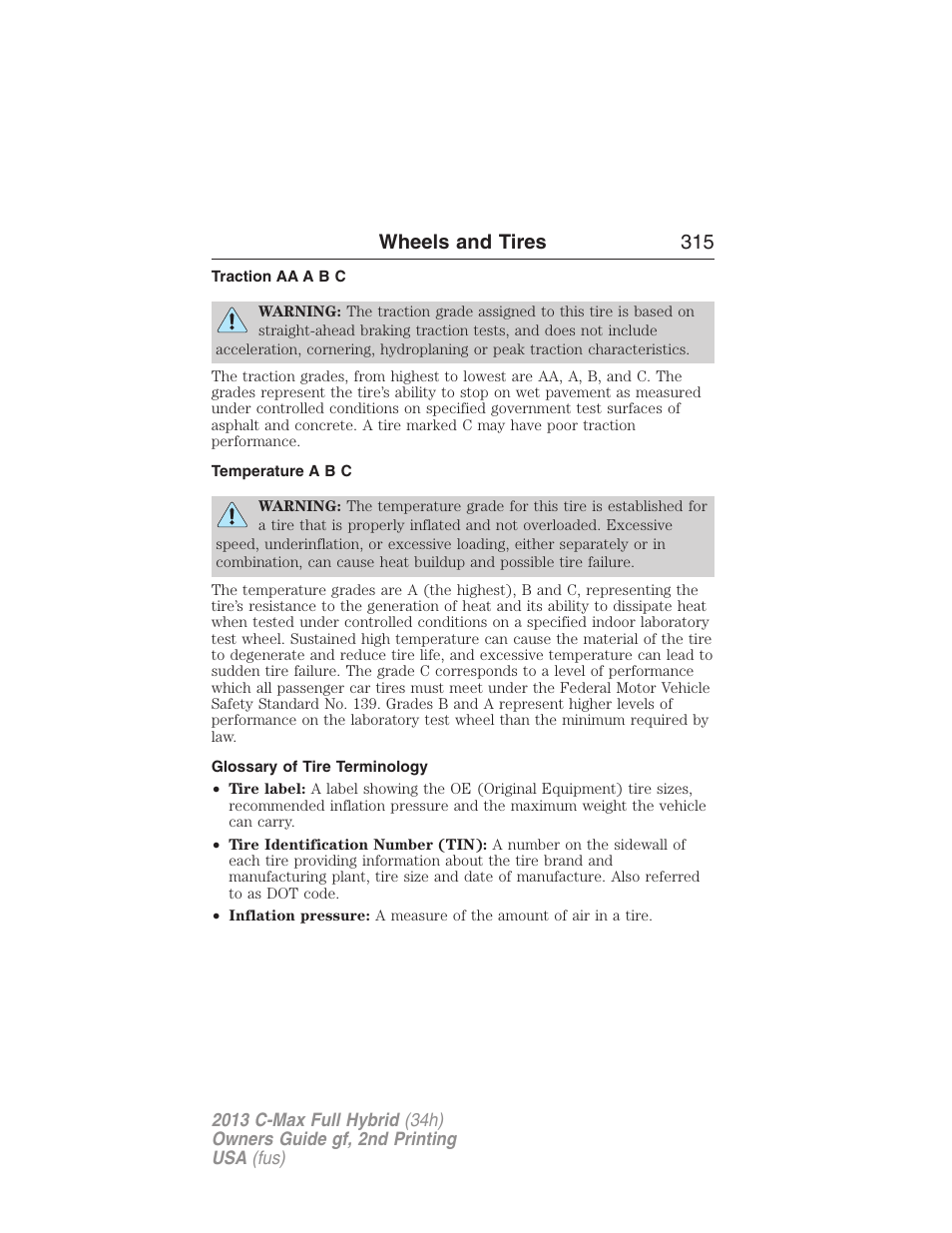 Traction aa a b c, Temperature a b c, Glossary of tire terminology | Wheels and tires 315 | FORD 2013 C-MAX Hybrid v.2 User Manual | Page 316 / 524