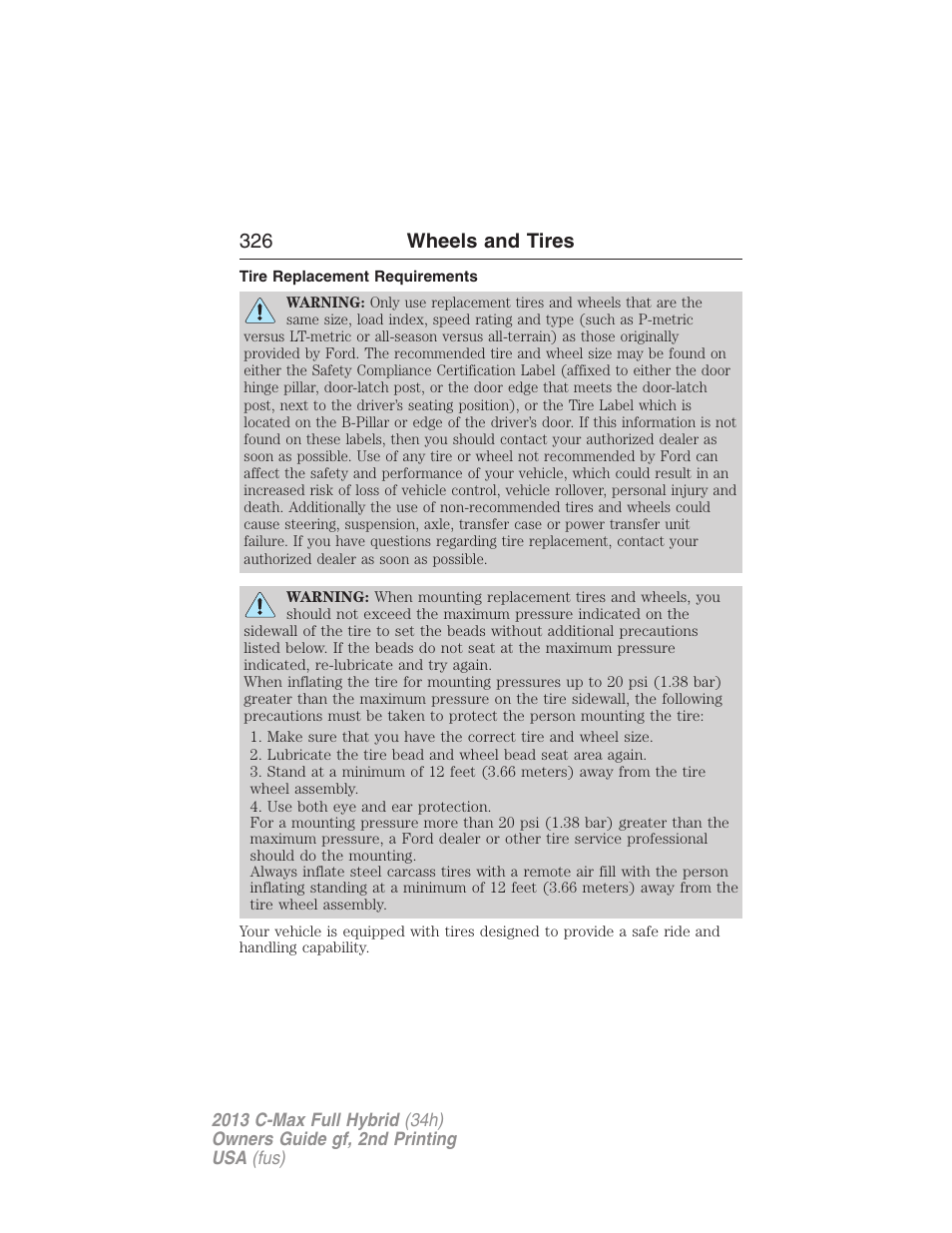 Tire replacement requirements, 326 wheels and tires | FORD 2013 C-MAX Hybrid v.2 User Manual | Page 327 / 524