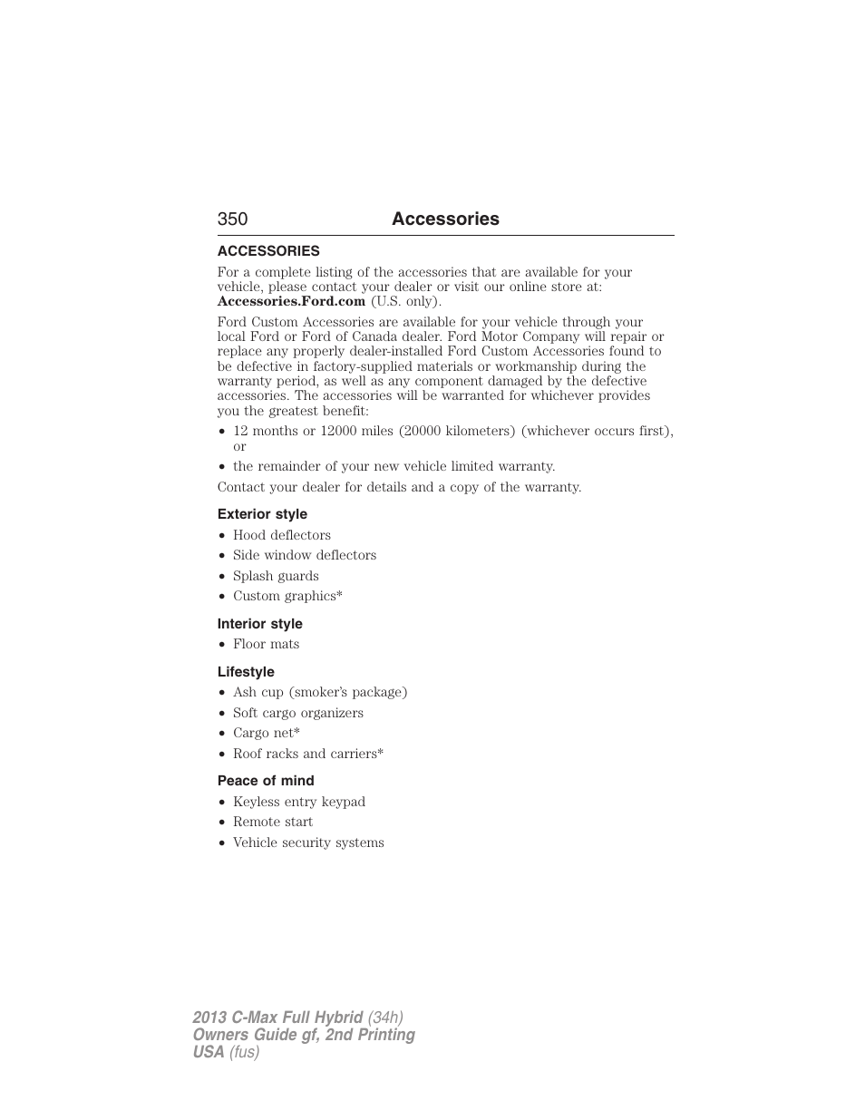 Accessories, Exterior style, Interior style | Lifestyle, Peace of mind, 350 accessories | FORD 2013 C-MAX Hybrid v.2 User Manual | Page 351 / 524