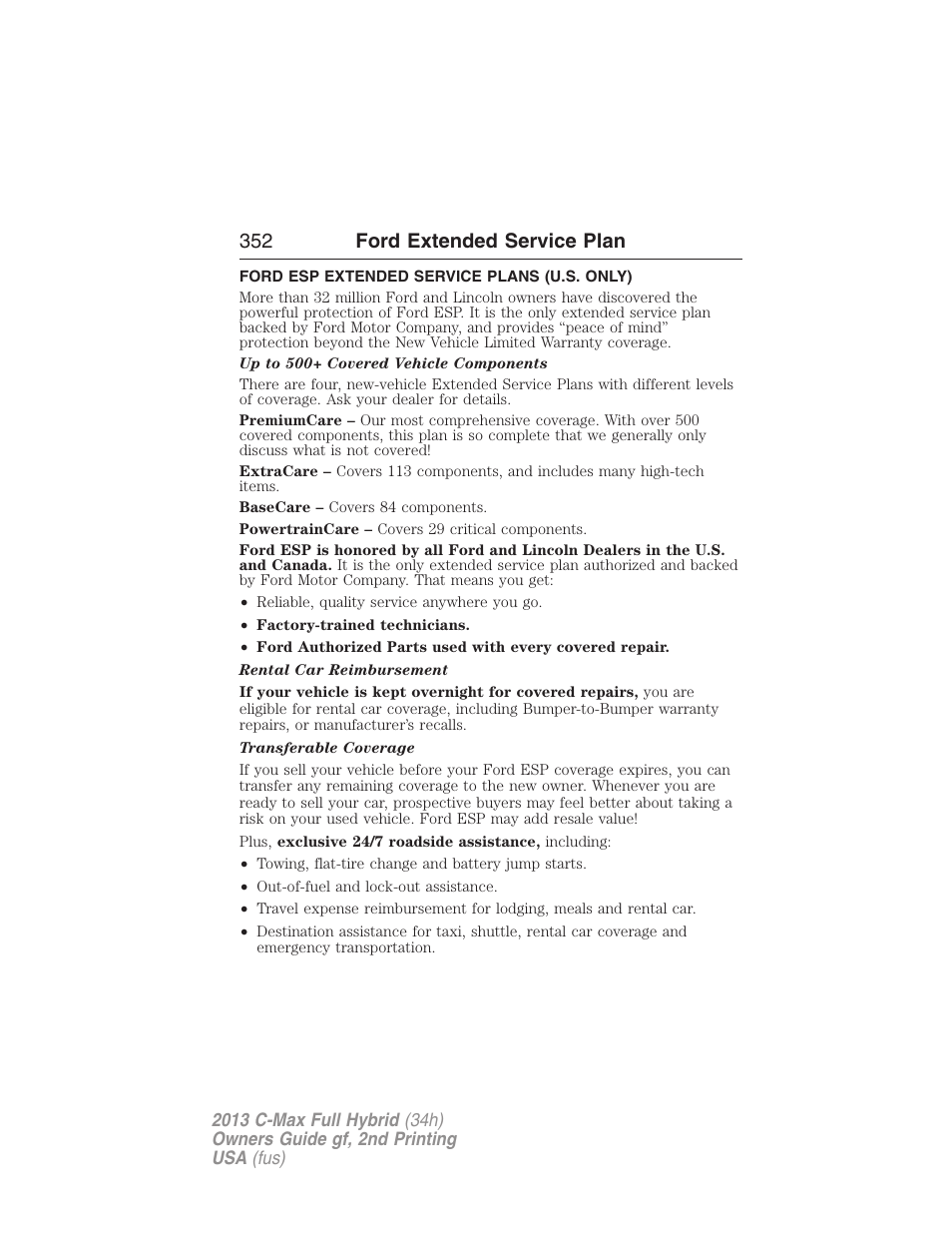 Ford extended service plan, Ford esp extended service plans (u.s. only), 352 ford extended service plan | FORD 2013 C-MAX Hybrid v.2 User Manual | Page 353 / 524