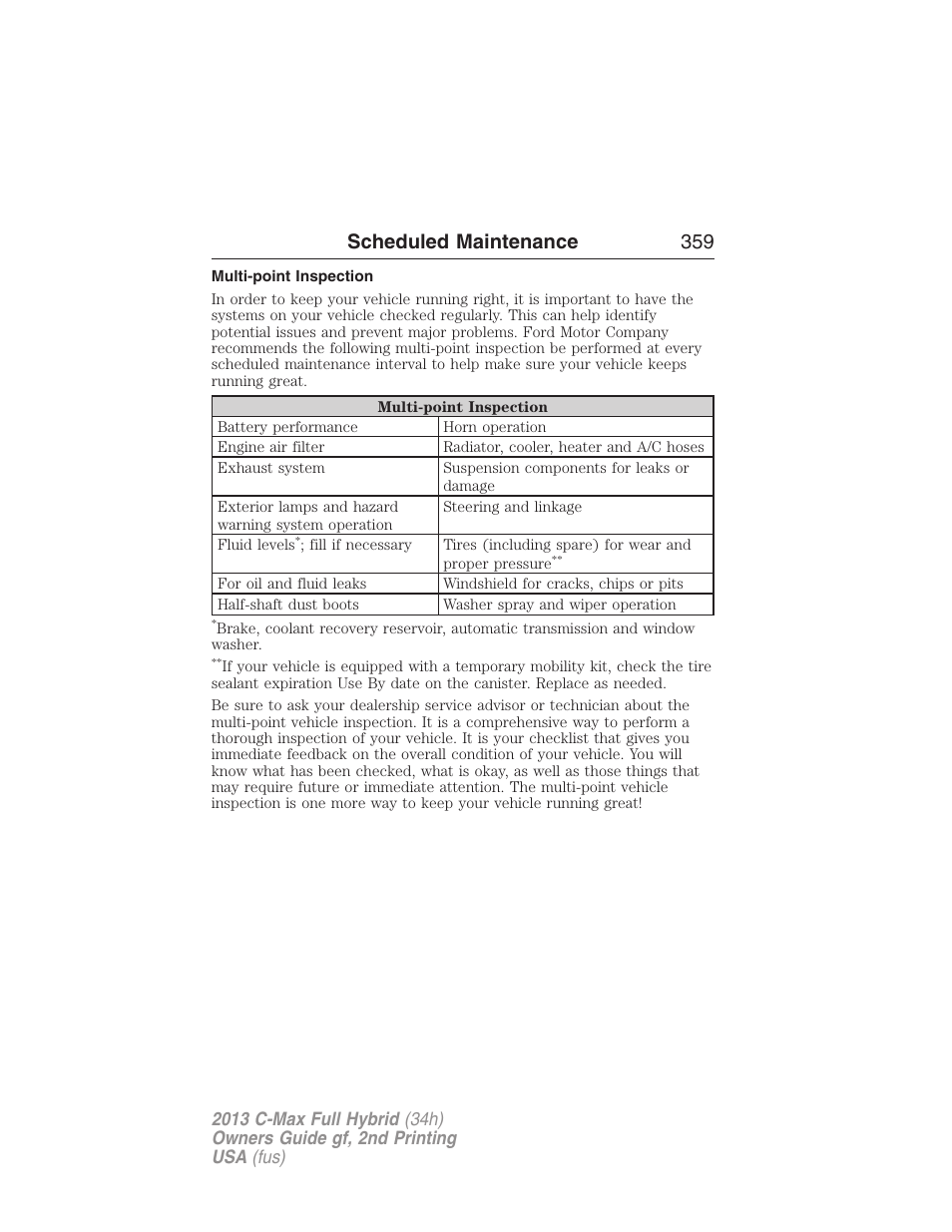 Multi-point inspection, Scheduled maintenance 359 | FORD 2013 C-MAX Hybrid v.2 User Manual | Page 360 / 524