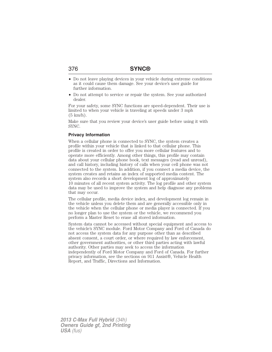 Privacy information, 376 sync | FORD 2013 C-MAX Hybrid v.2 User Manual | Page 377 / 524