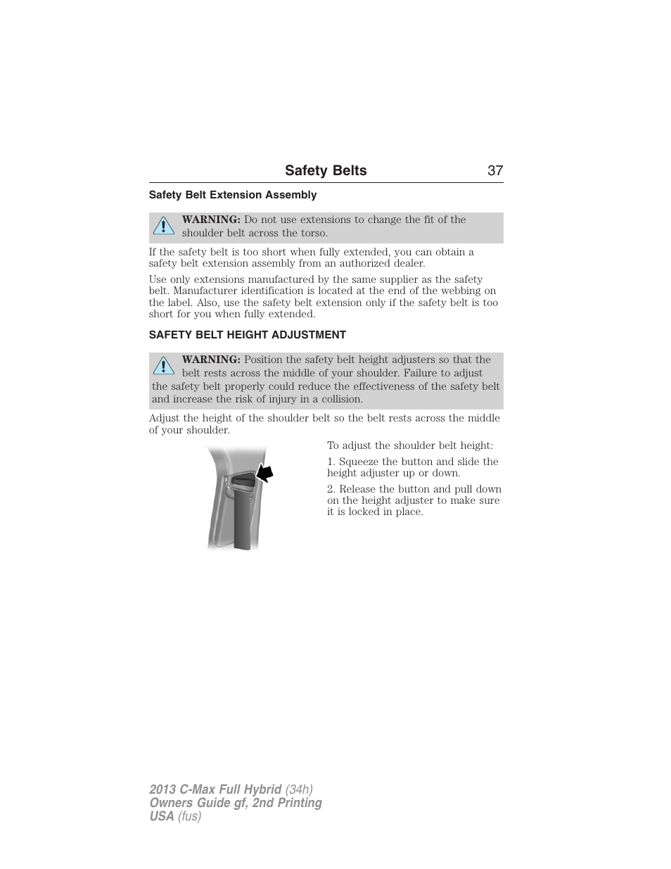 Safety belt extension assembly, Safety belt height adjustment, Safety belts 37 | FORD 2013 C-MAX Hybrid v.2 User Manual | Page 38 / 524