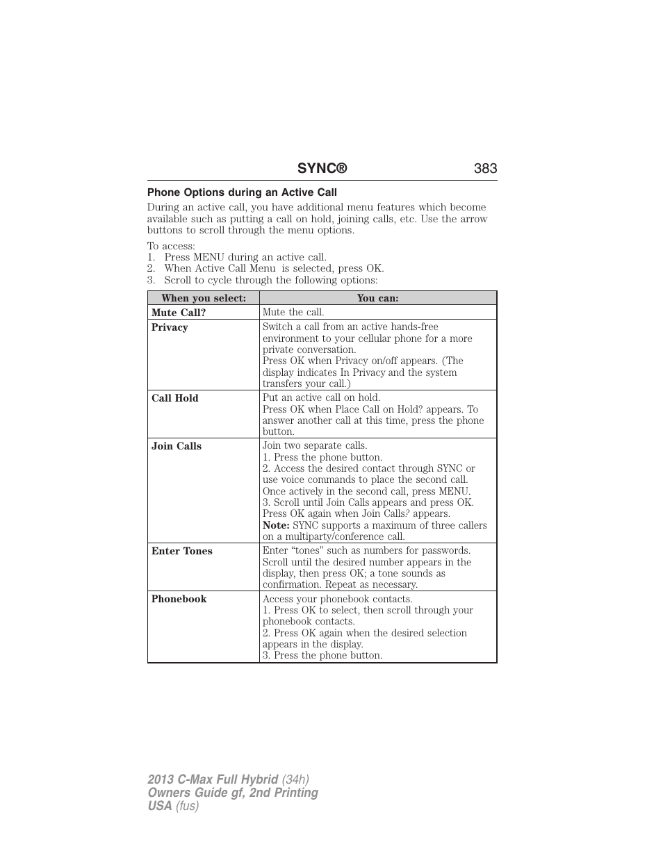 Phone options during an active call, Sync® 383 | FORD 2013 C-MAX Hybrid v.2 User Manual | Page 384 / 524