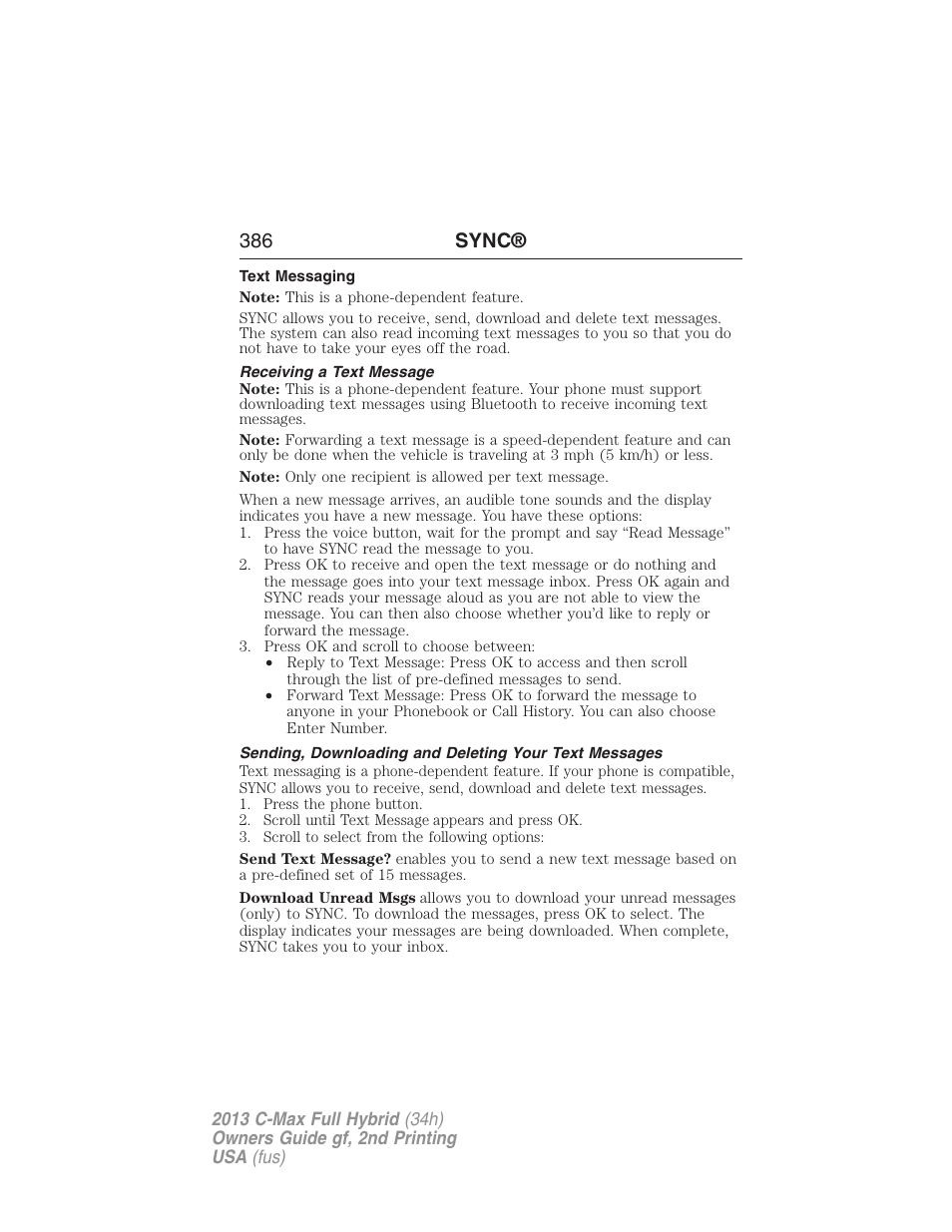 Text messaging, Receiving a text message, 386 sync | FORD 2013 C-MAX Hybrid v.2 User Manual | Page 387 / 524