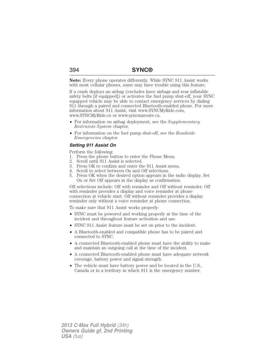 Setting 911 assist on, 394 sync | FORD 2013 C-MAX Hybrid v.2 User Manual | Page 395 / 524