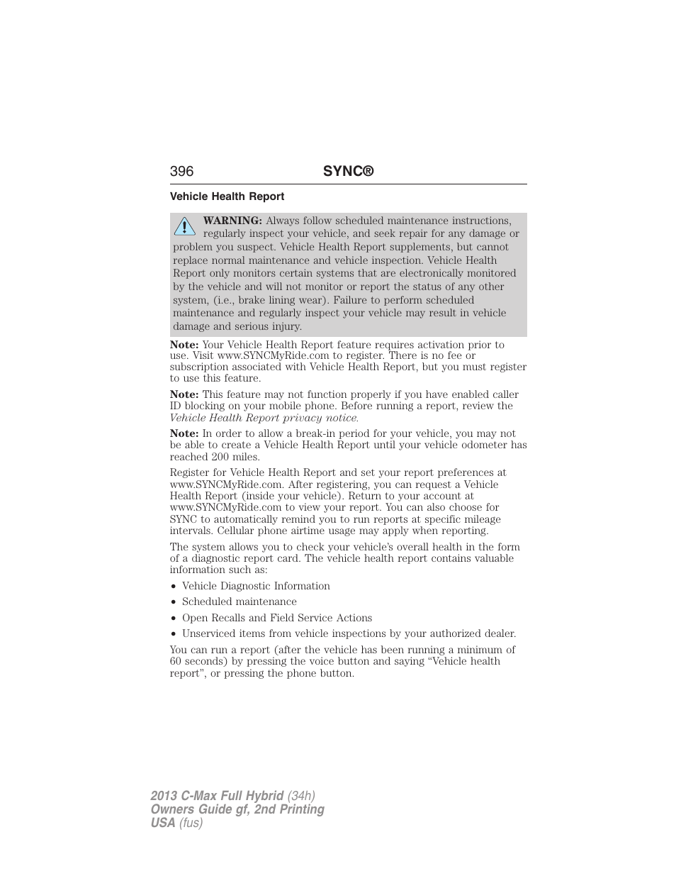 Vehicle health report, 396 sync | FORD 2013 C-MAX Hybrid v.2 User Manual | Page 397 / 524